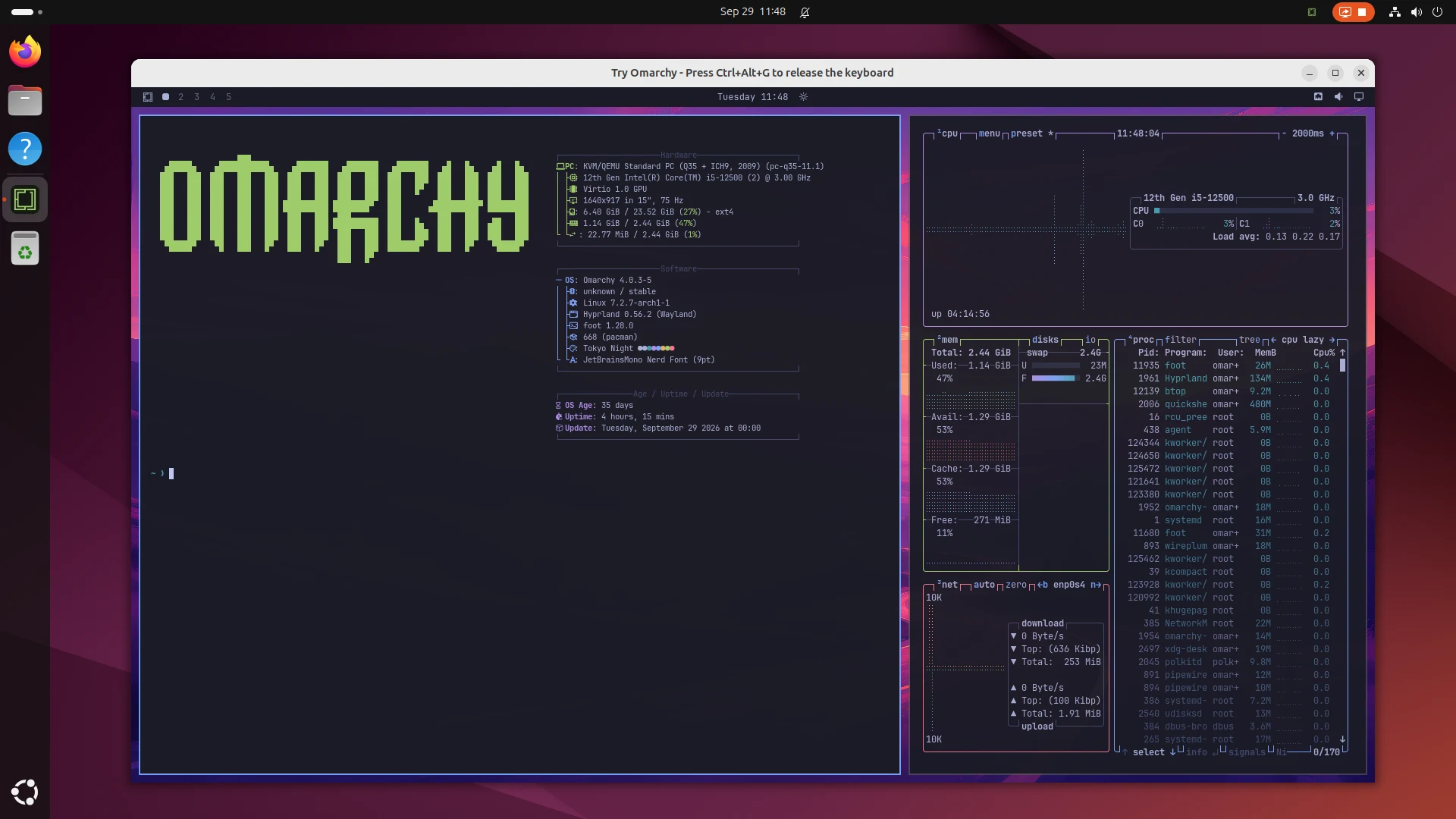Try Omarchy in a window on Ubuntu, with fastfetch and btop running in Omarchy.